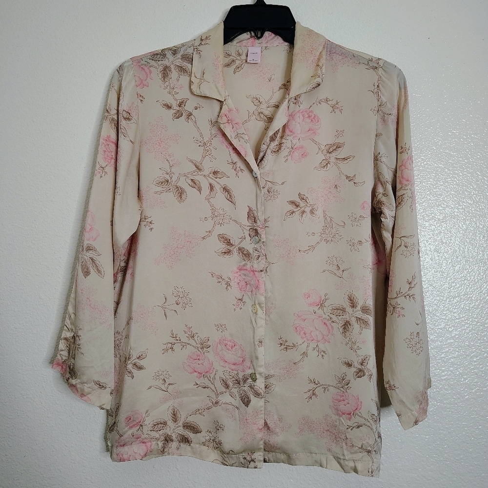 Silk Women's Floral Beige and Pink Women's Top 3/4 Sleeves Sz M 100% Silk